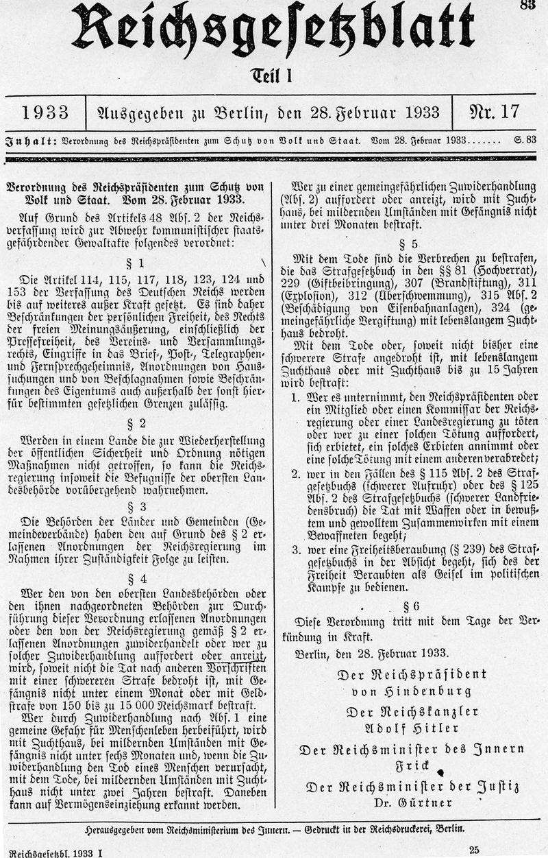 28.02.1933: “Reichstagsbrandverordnung” wird verabschiedet.